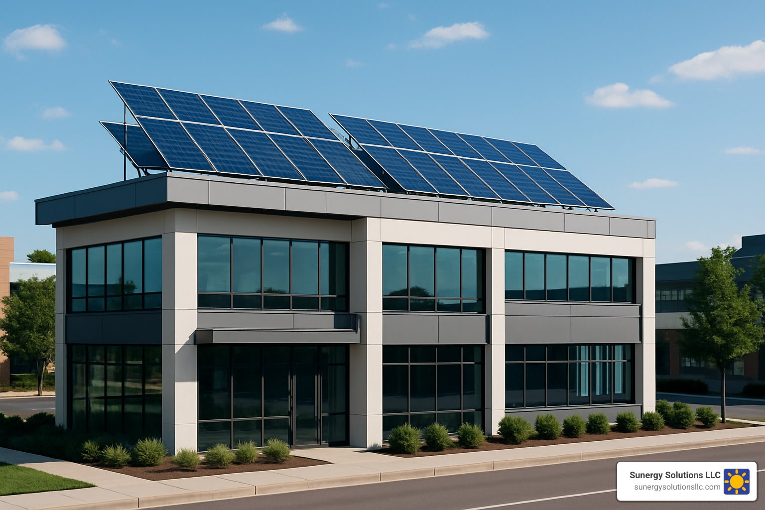 Modern office building with large solar panels on the roof, surrounded by greenery and a clear blue sky.