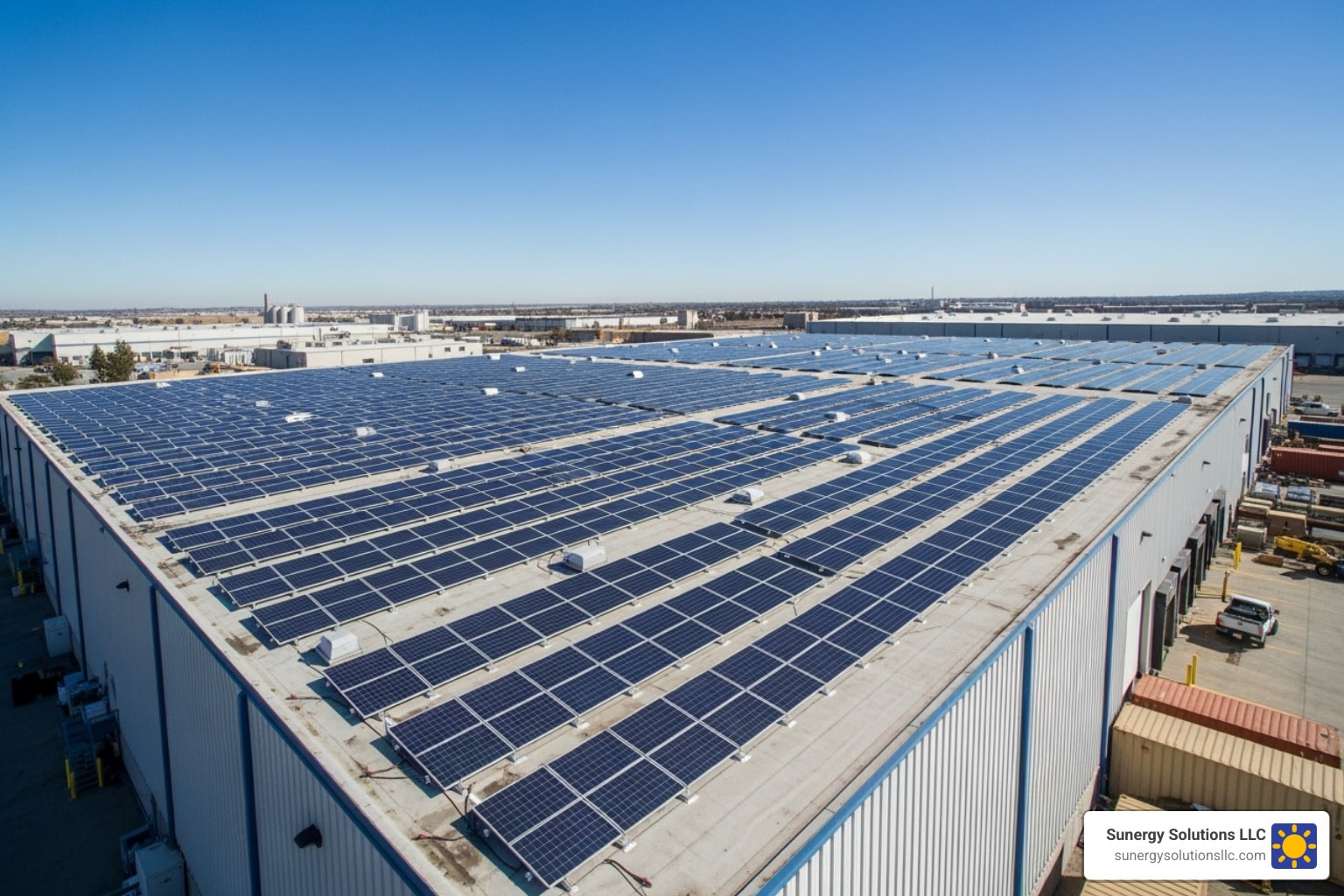 Large industrial building rooftop covered with solar panels under a clear blue sky, with other buildings visible in the background.