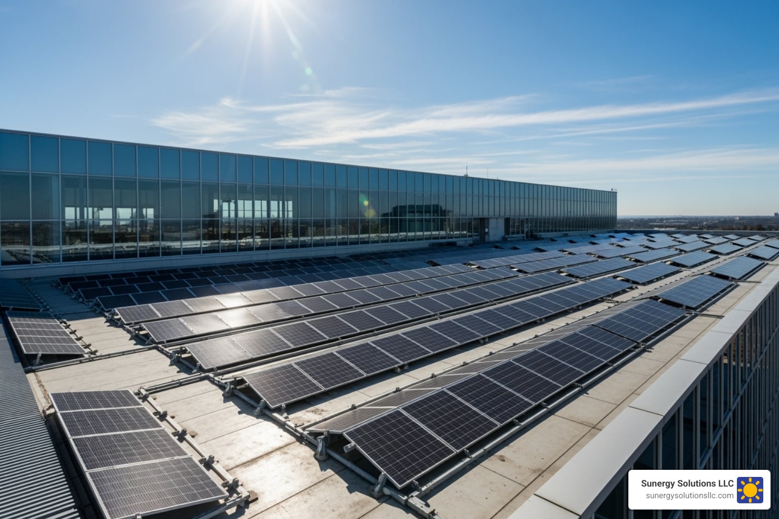 Rows of solar panels are installed on a large, flat rooftop of a modern building under a bright, sunny sky.