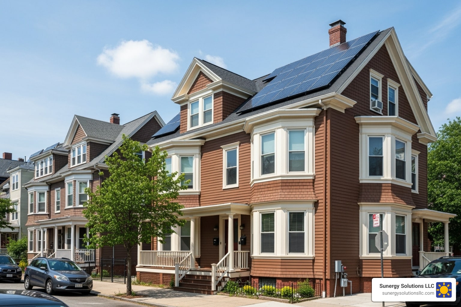 A brown two-story house with white trim and solar panels on the roof sits on a sunny suburban street lined with parked cars and trees.