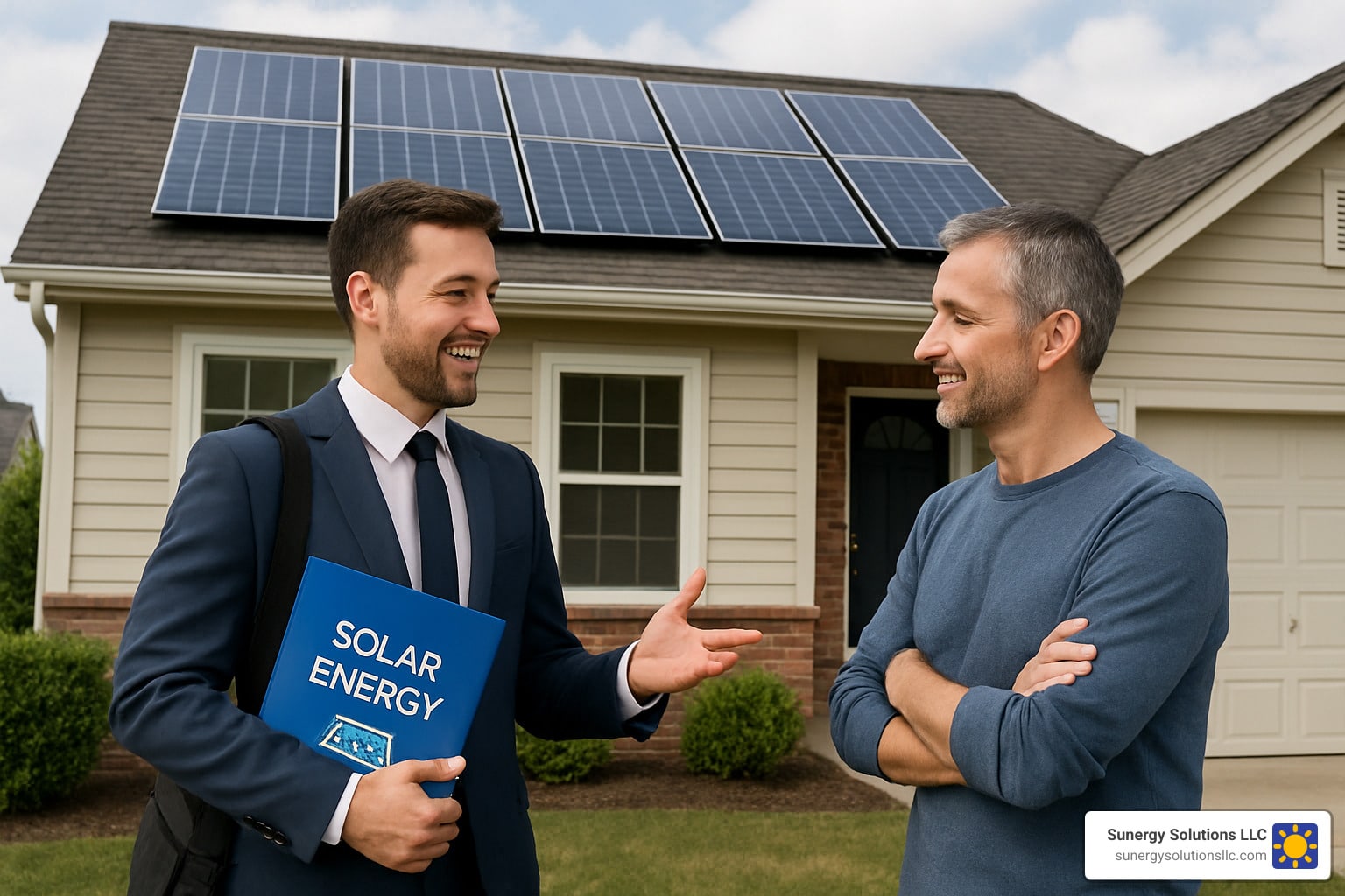 A man in a suit holding a Solar Energy folder talks with a homeowner in front of a house with solar panels on the roof.