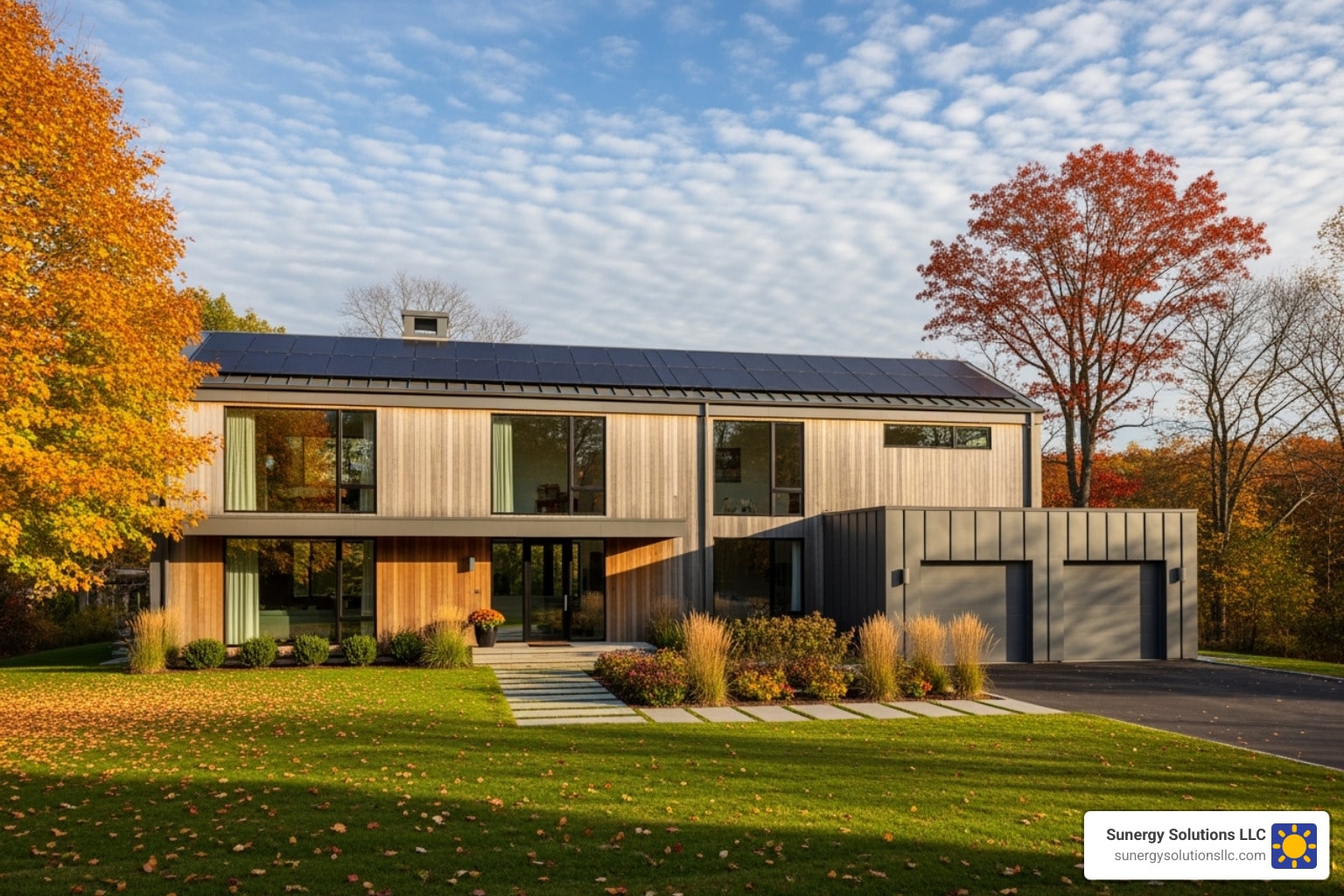 Modern two-story house with large windows, wood and metal exterior, solar panels on the roof, and autumn trees in the background.