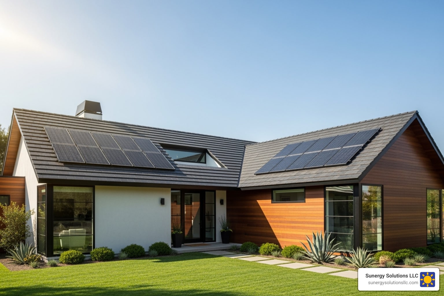 Modern house with solar panels, lush lawn, and clear sky. Discover nh solar power incentives with Surenergy Solutions LLC.
