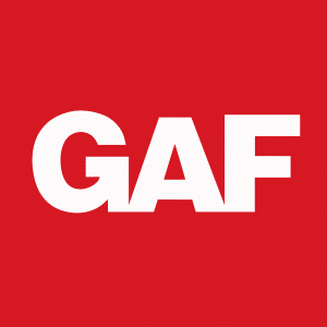 White bold letters GAF centered on a solid red background, representing trusted roofing warranties.