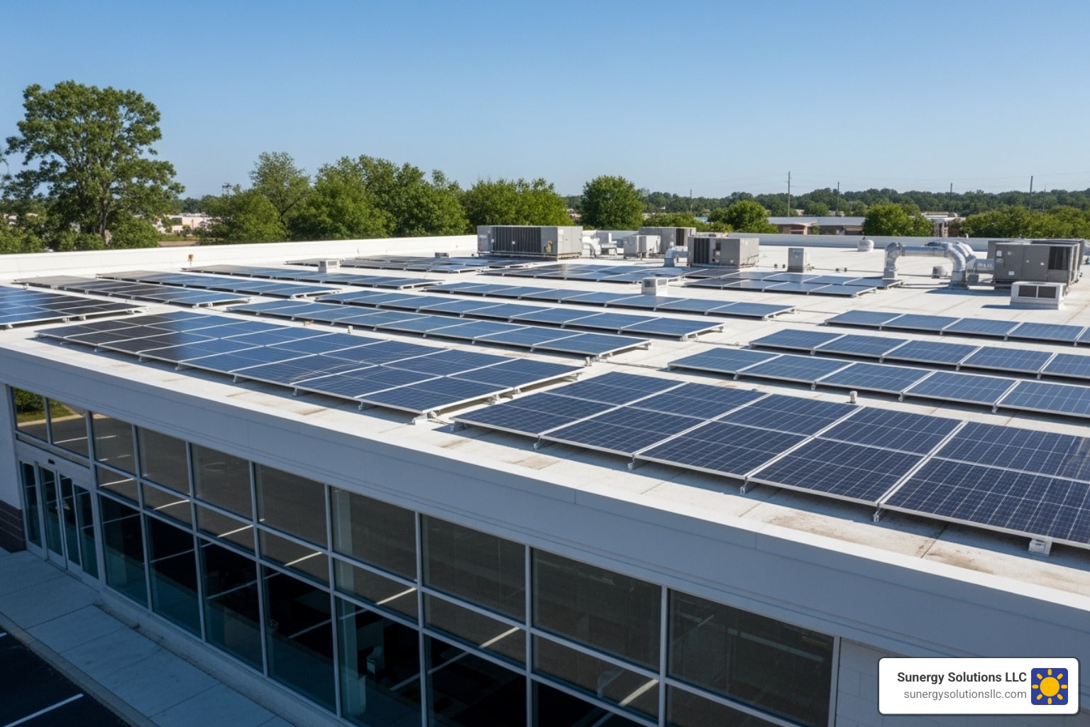 Rows of solar panels line a commercial roof, benefiting from NH solar power incentives, with trees and other buildings in the background.
