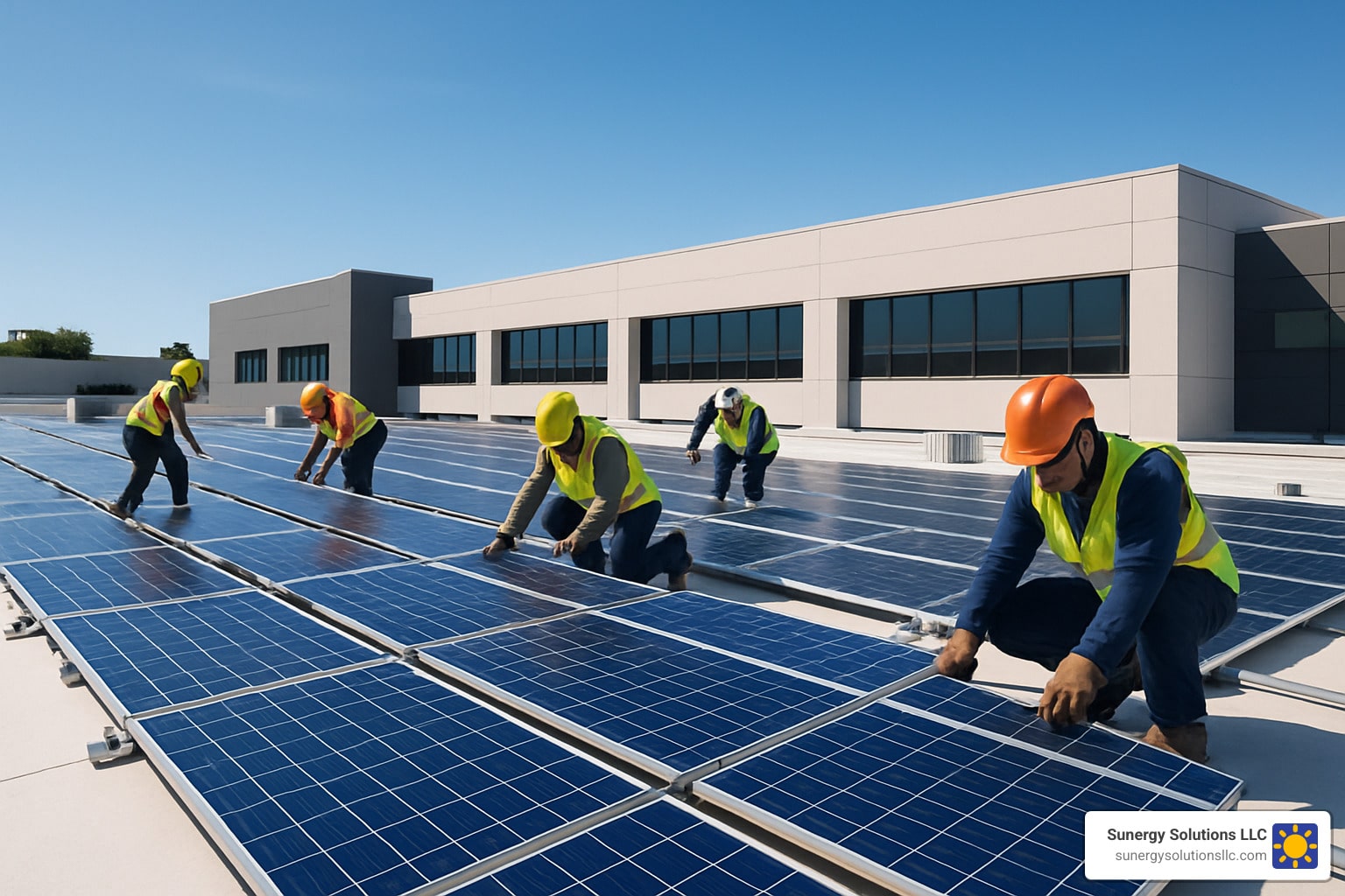 Workers in safety gear install commercial solar panels on a flat rooftop of a modern building under a clear blue sky.