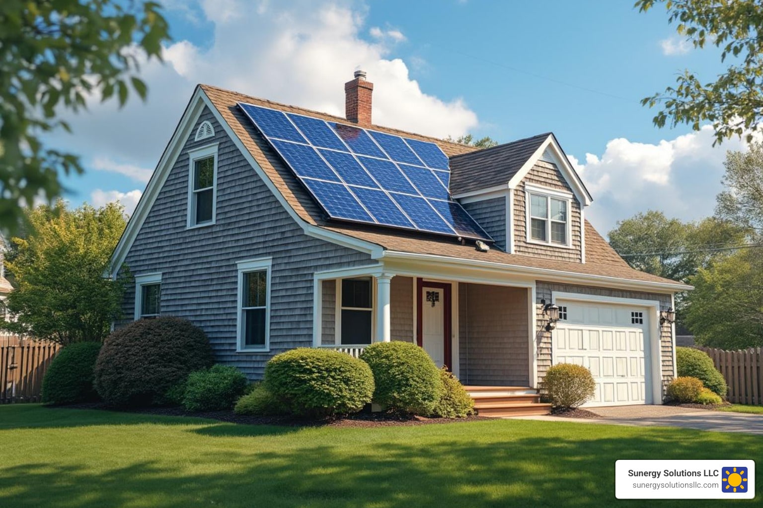 A house with solar panels on the roof, surrounded by green lawn and shrubs, under a blue sky.