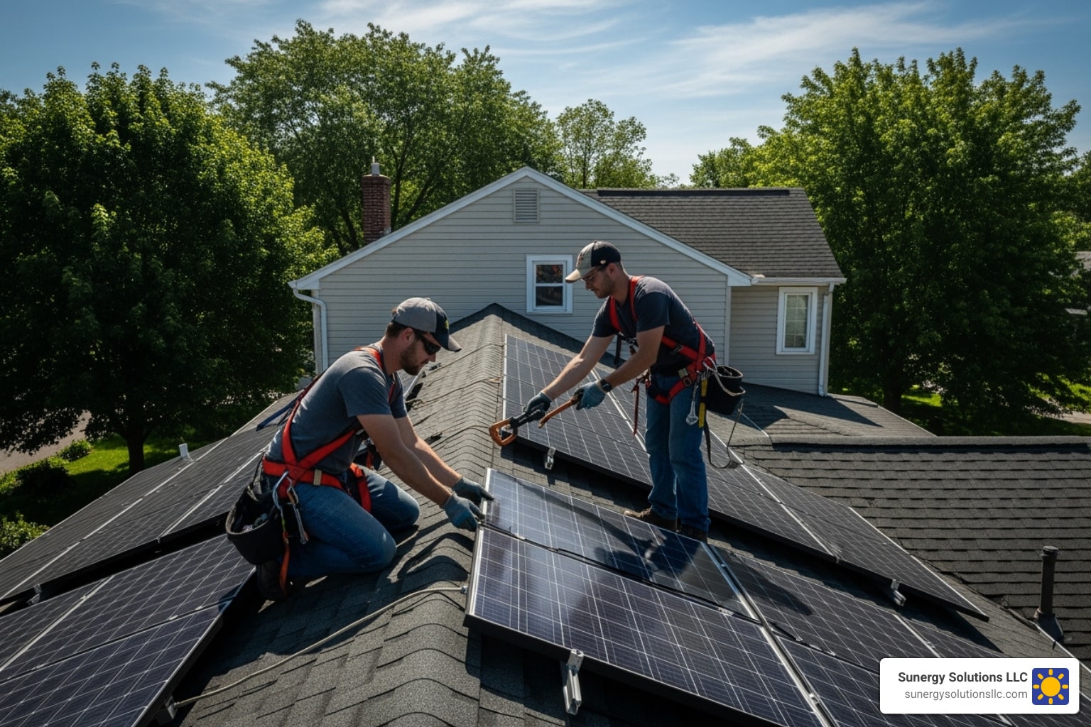 Two workers in safety gear install solar panels on a house roof under a clear sky, surrounded by trees.