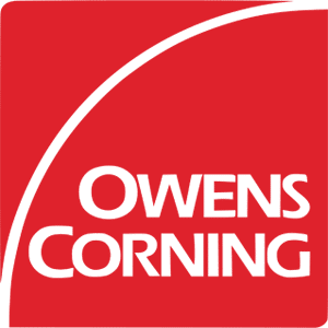 Owens Corning logo with white text on red, featuring a curved white line—recognized for quality and trusted Roofing Warranties.