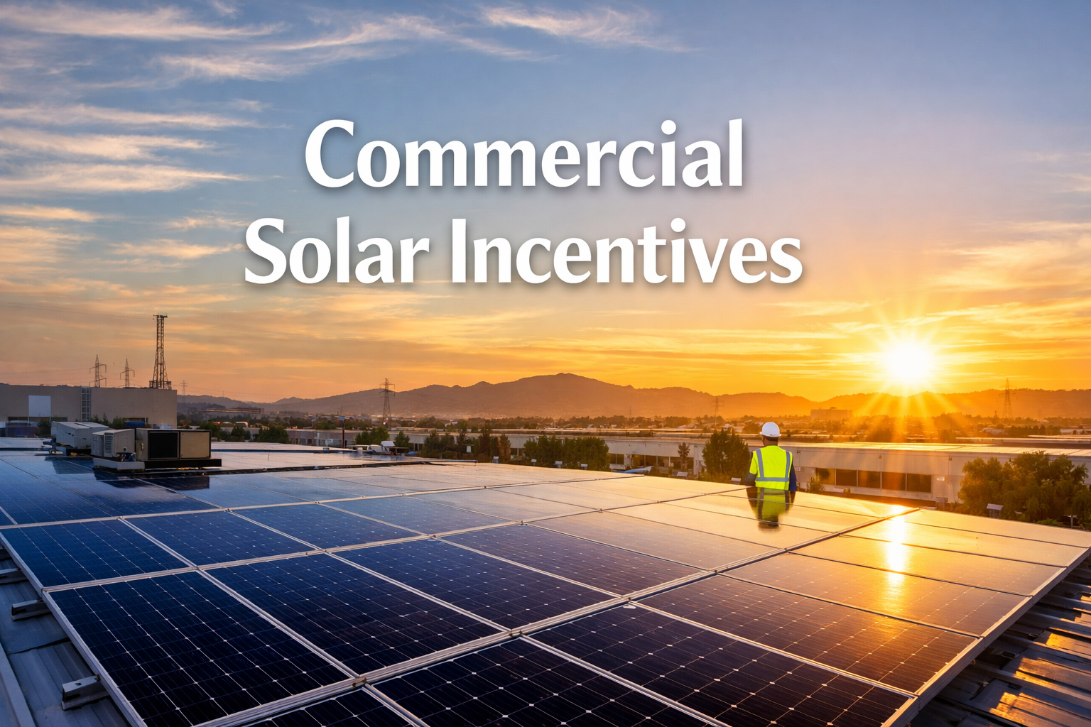 Commercial rooftop solar panels at sunset with overlaid text reading “Commercial Solar Incentives” and a technician inspecting the system