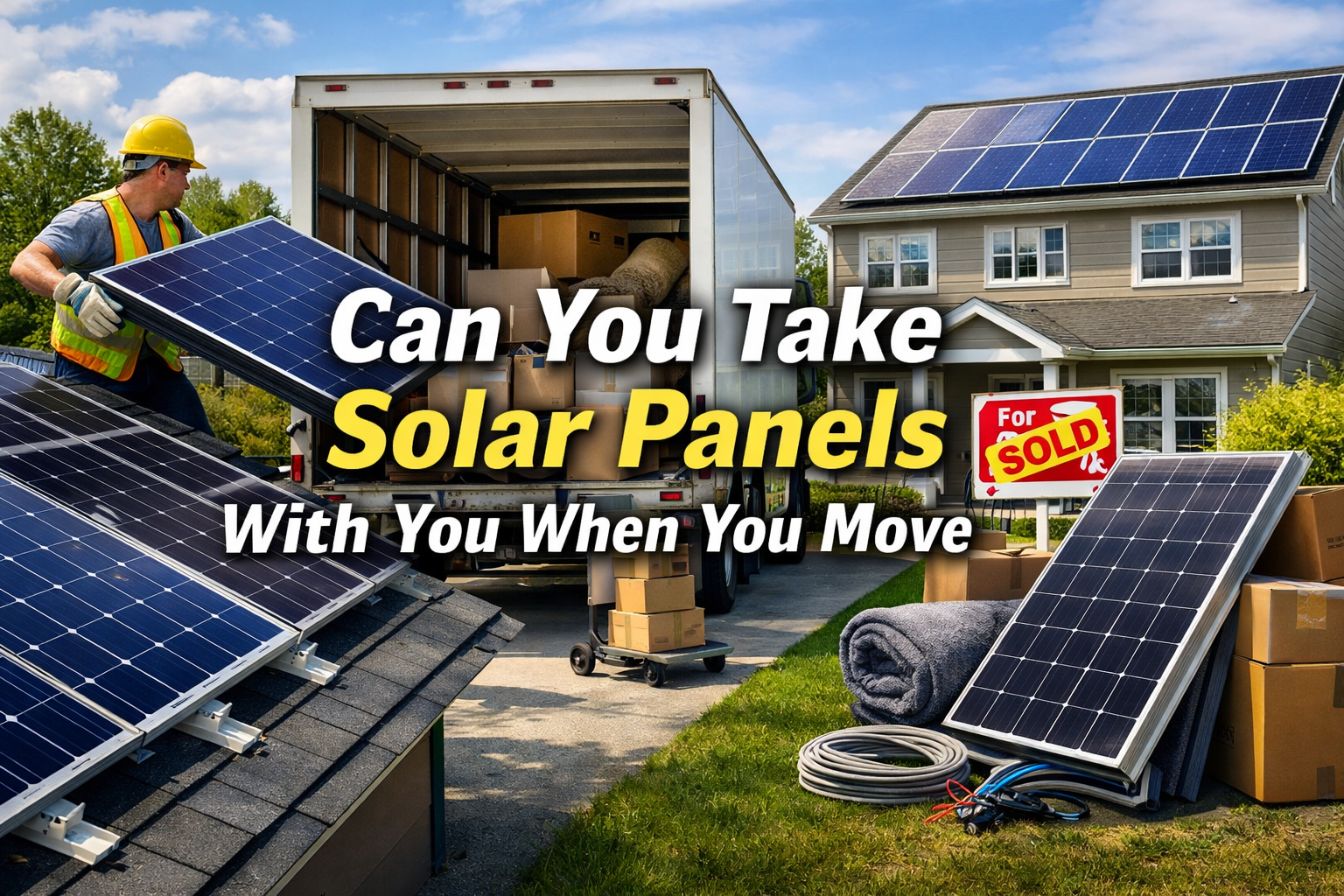 Solar installer removing solar panels from a home roof and loading them into a moving truck in front of a house with boxed panels, illustrating relocating solar panels when moving homes.