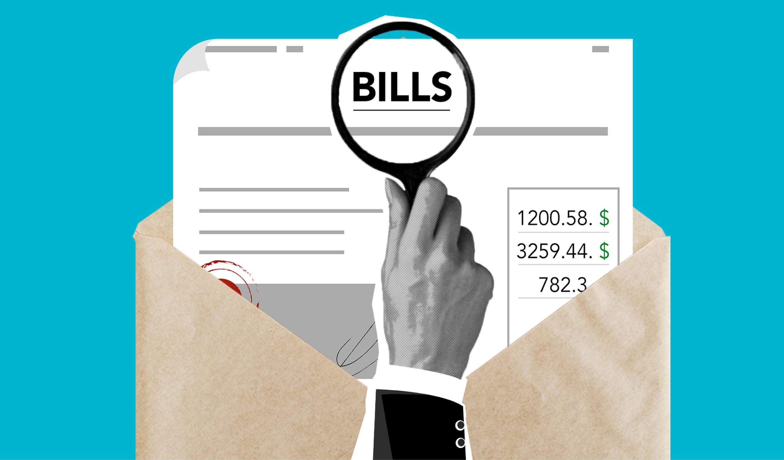 A person holding a magnifying glass up to a bill