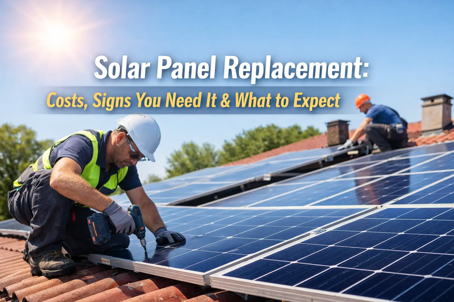 Technician replacing rooftop solar panels on a residential home with overlaid text reading “Solar Panel Replacement: Costs, Signs You Need It & What to Expect.”