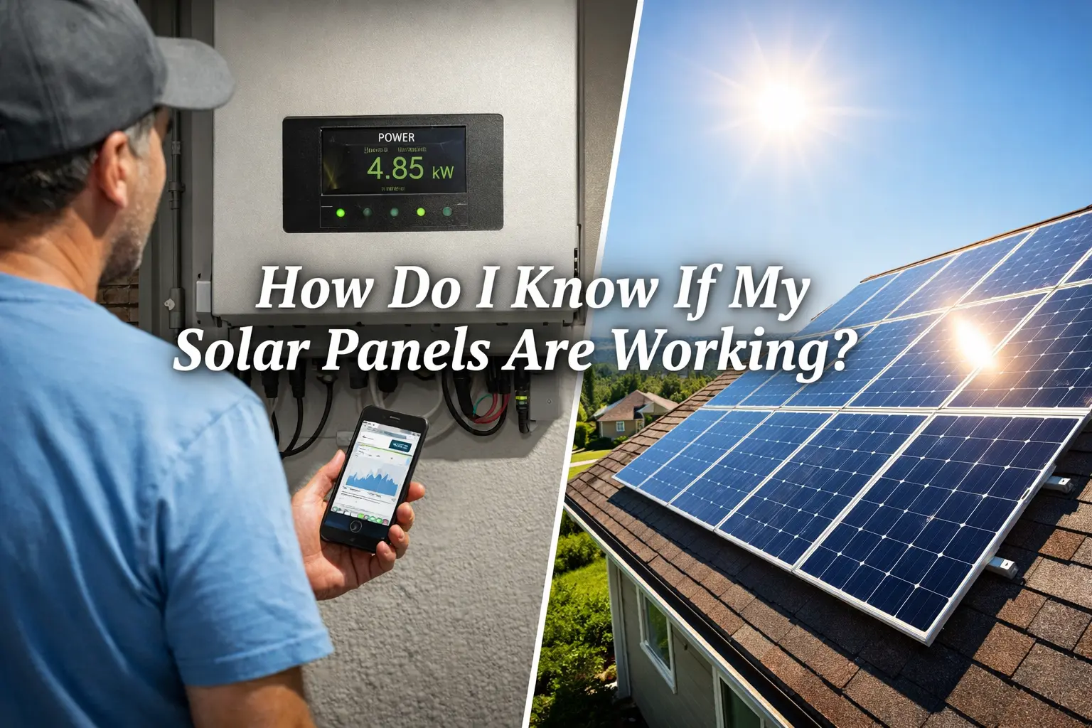 Homeowner checking a solar inverter display and monitoring app next to rooftop solar panels in sunlight with text reading “How Do I Know If My Solar Panels Are Working?”