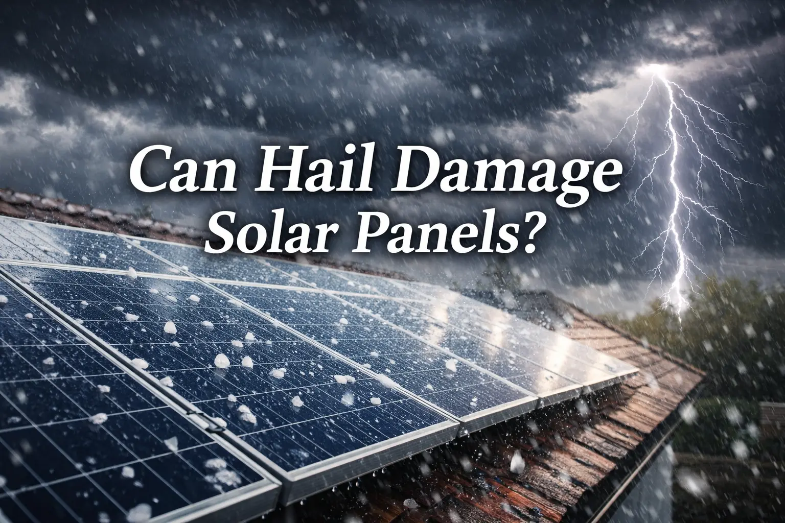 Solar panels on a residential rooftop during a hailstorm with dark storm clouds overhead and overlaid text reading “Can Hail Damage Solar Panels?”