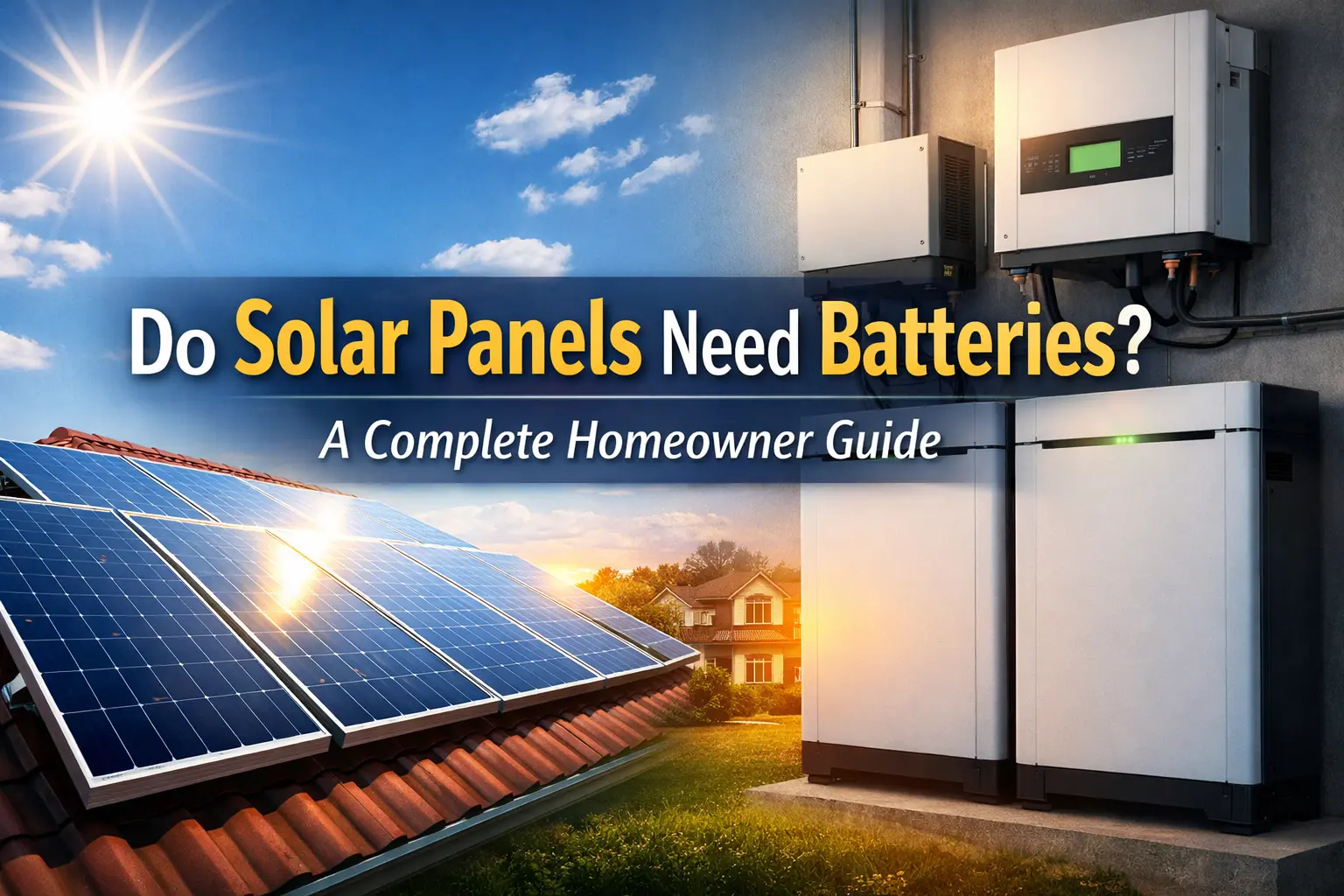 Solar panels on a home roof connected to a residential battery storage system with overlaid text reading “Do Solar Panels Need Batteries? A Complete Homeowner Guide”.