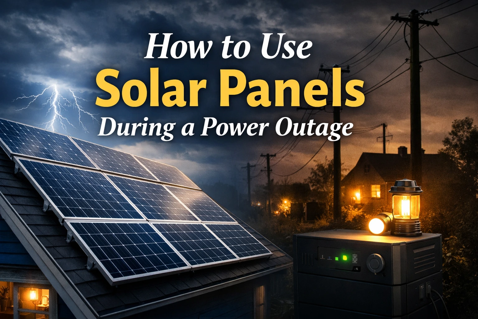 Solar panels on a rooftop generating power during a stormy blackout scene with backup battery system and overlaid text “How to Use Solar Panels During a Power Outage”.