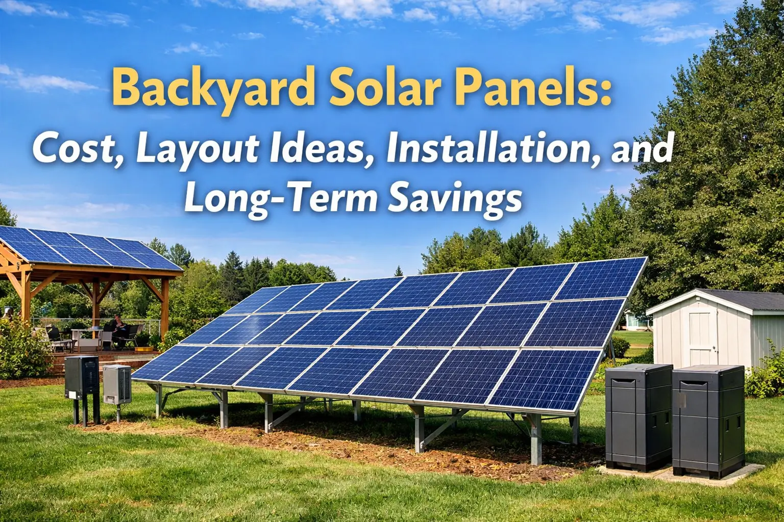 Backyard ground-mounted solar panel system installed on a grassy residential property with battery storage units and a pergola, representing cost savings and long-term solar energy benefits.