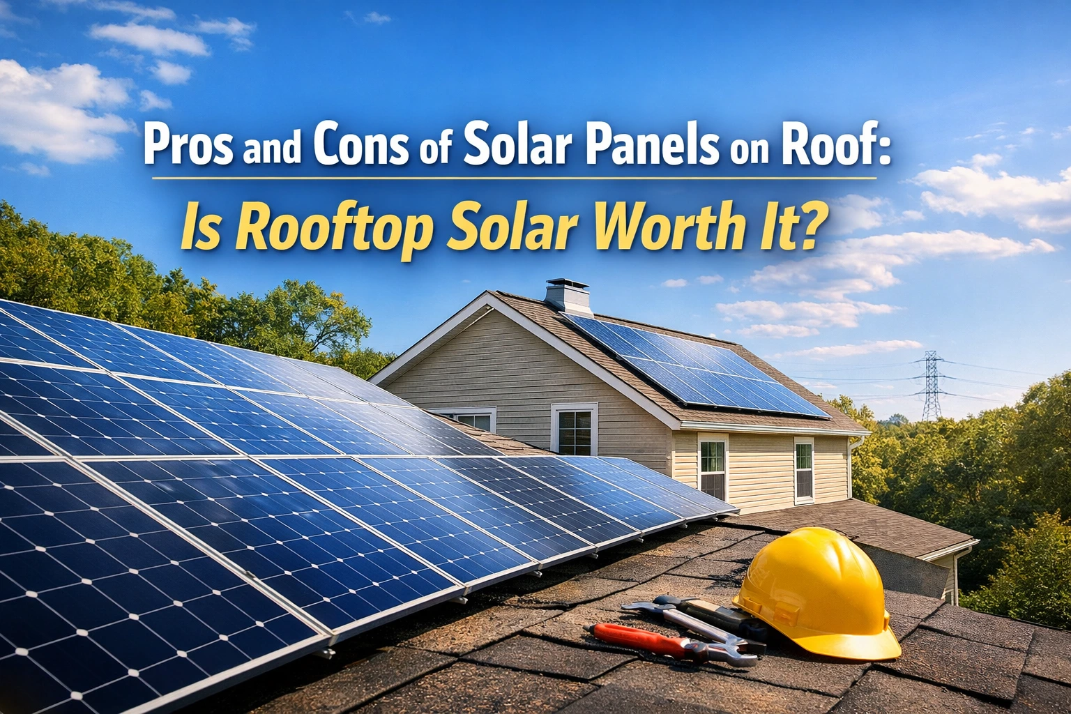 Modern home with rooftop solar panels under sunlight, representing the pros and cons of solar panels on roof and whether rooftop solar is worth it.