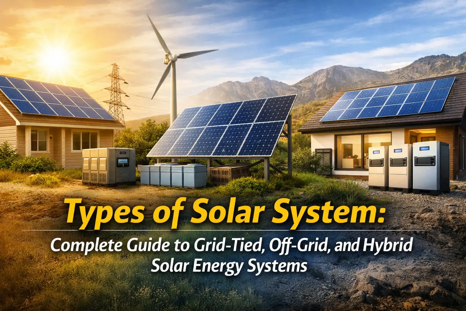 Horizontal banner image showing solar panels on a rooftop with sunlight shining, representing grid-tied, off-grid, and hybrid solar energy systems, with overlaid text reading “Types of Solar System: Complete Guide to Grid-Tied, Off-Grid, and Hybrid Solar Energy Systems”.