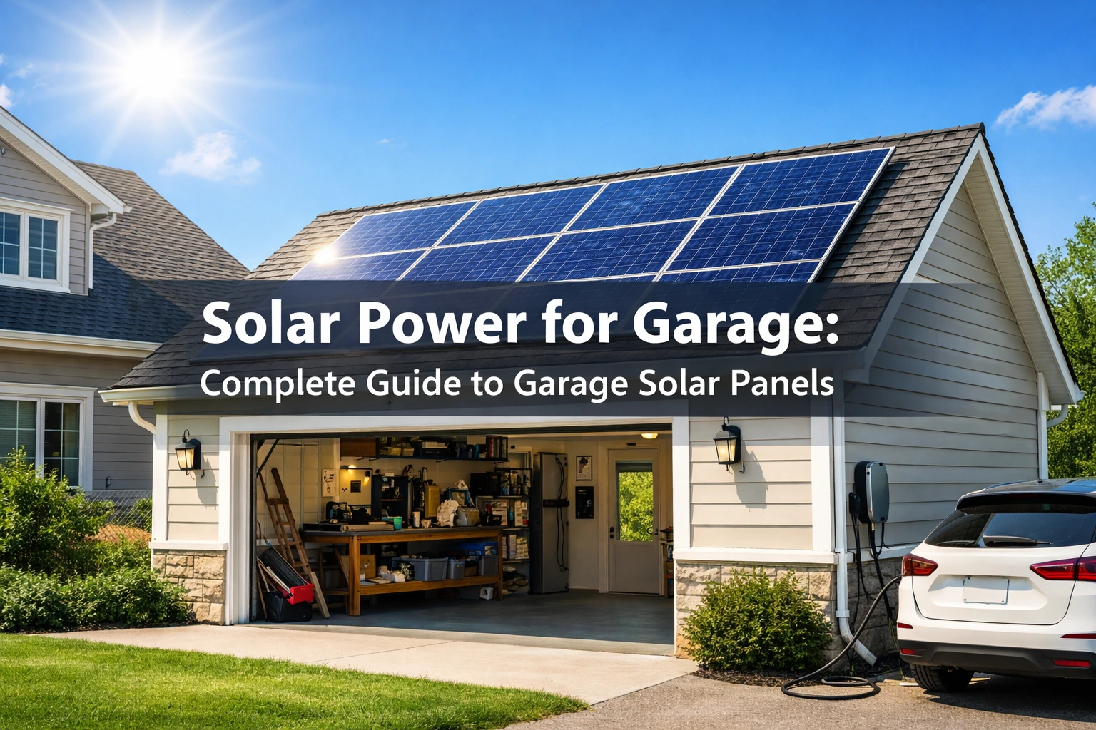 Solar panels installed on a residential garage roof on a sunny day, representing solar power for garage systems and garage solar panels for clean energy use.