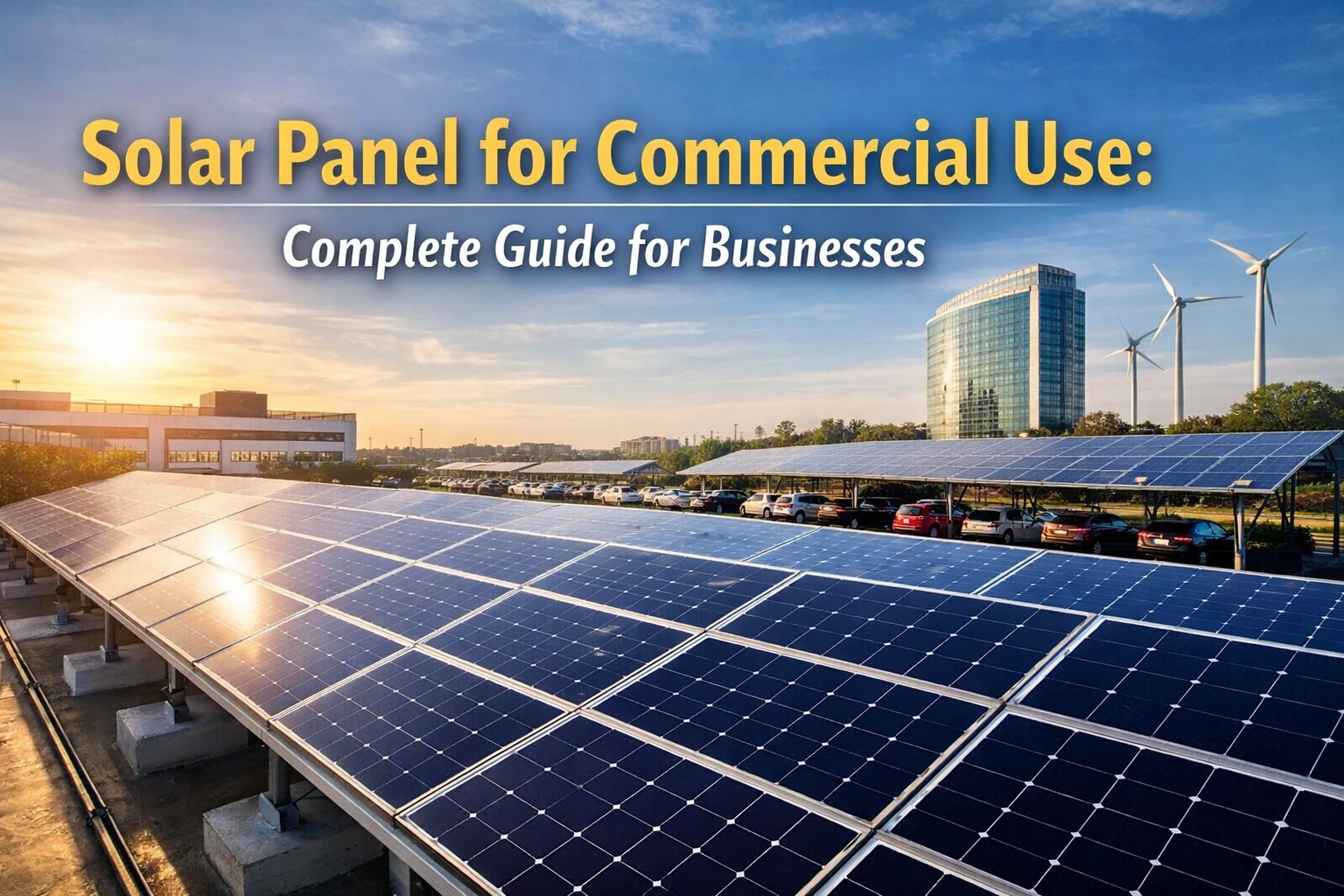 Horizontal featured image showing solar panels installed on a commercial building rooftop with sunlight shining on the panels, overlaid text reads “Solar Panel for Commercial Use: Complete Guide for Businesses”.