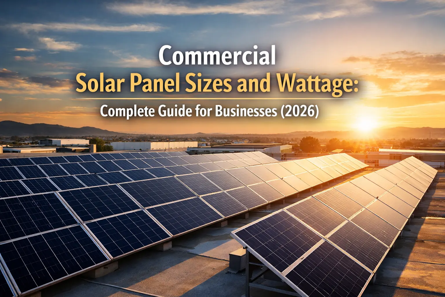 Commercial rooftop solar panel installation at sunset with overlaid text reading “Commercial Solar Panel Sizes and Wattage: Complete Guide for Businesses (2026)”