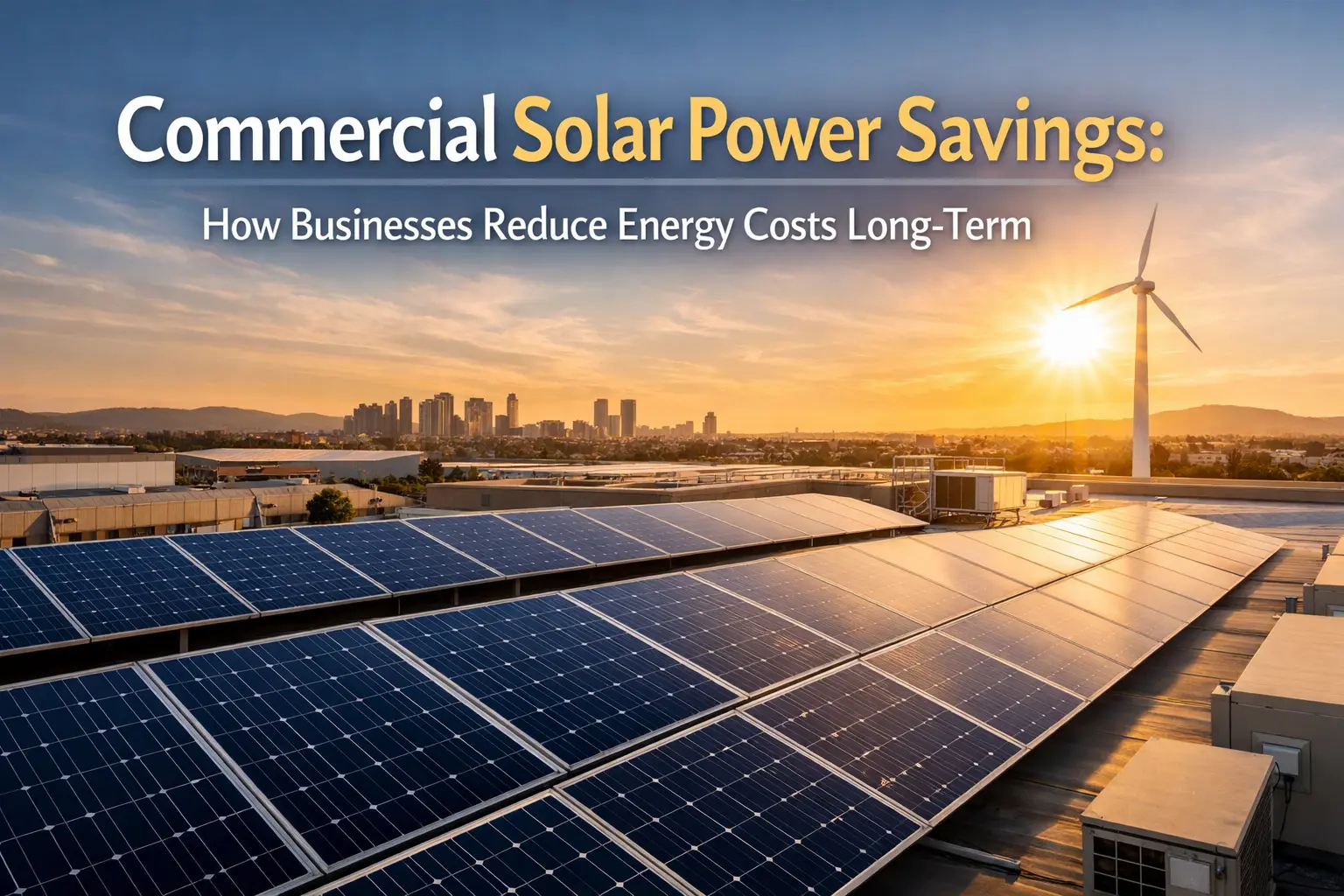 Commercial rooftop solar panel system at sunset with overlaid text reading “Commercial Solar Power Savings: How Businesses Reduce Energy Costs Long-Term”