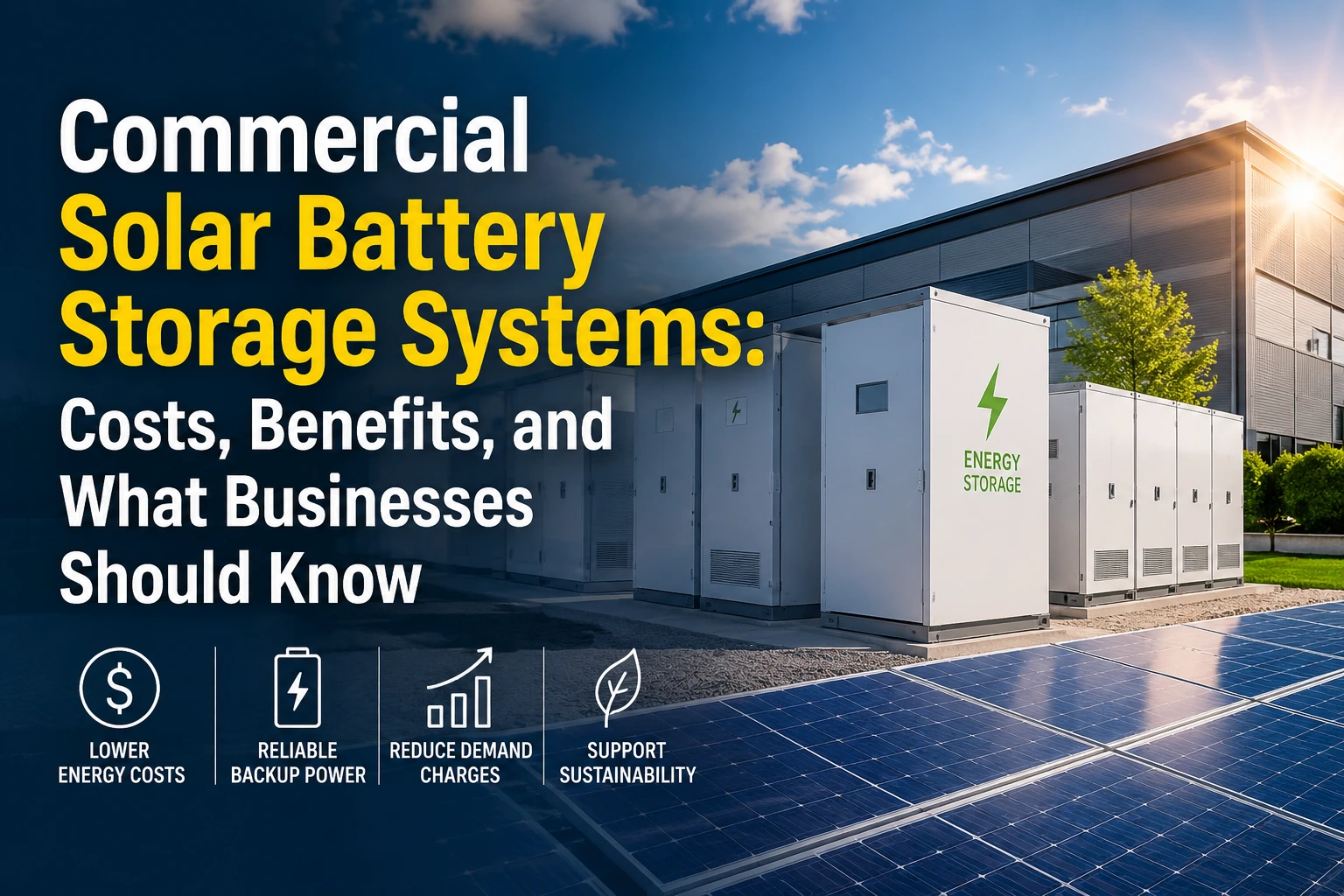 Commercial solar battery storage units beside rooftop solar panels outside a modern commercial building with overlay text about costs, benefits, and business energy savings.