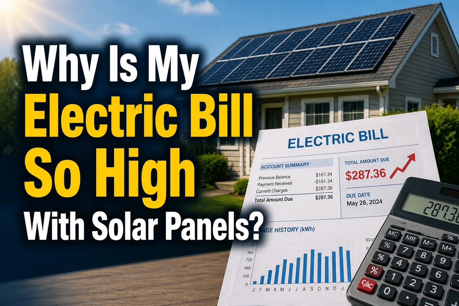 Horizontal featured image showing a suburban home with rooftop solar panels and a homeowner reviewing a high electric bill, with overlaid text reading “Why Is My Electric Bill So High With Solar Panels?”