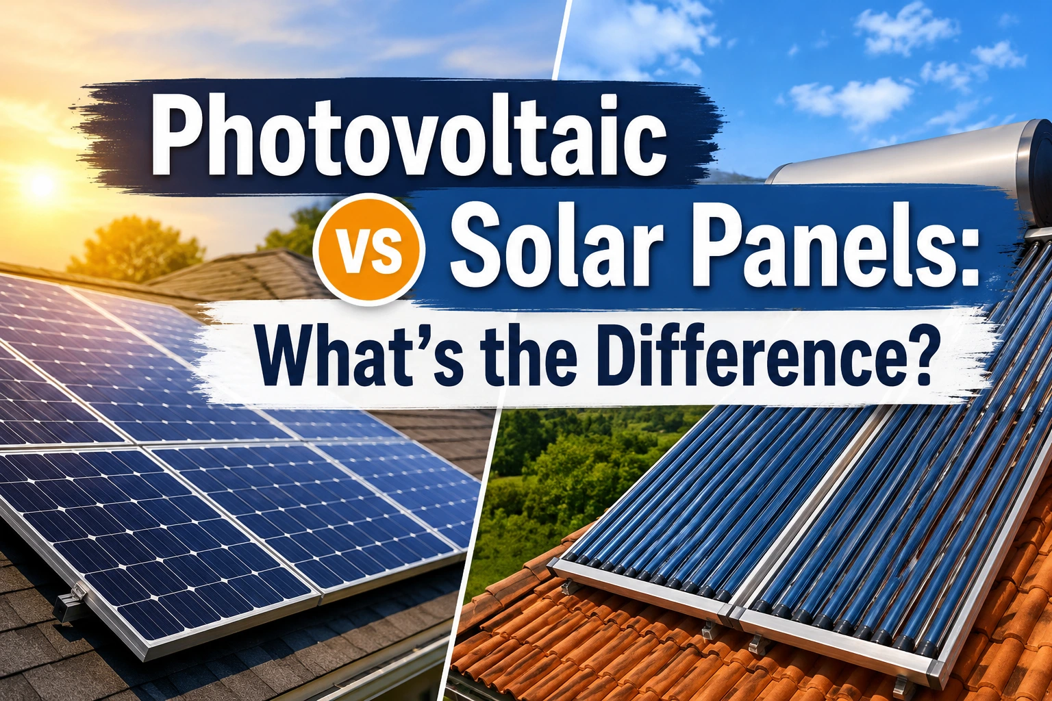 Split-screen comparison image showing photovoltaic solar panels on a rooftop beside solar thermal panels, with overlaid text reading “Photovoltaic vs Solar Panels: What’s the Difference?”