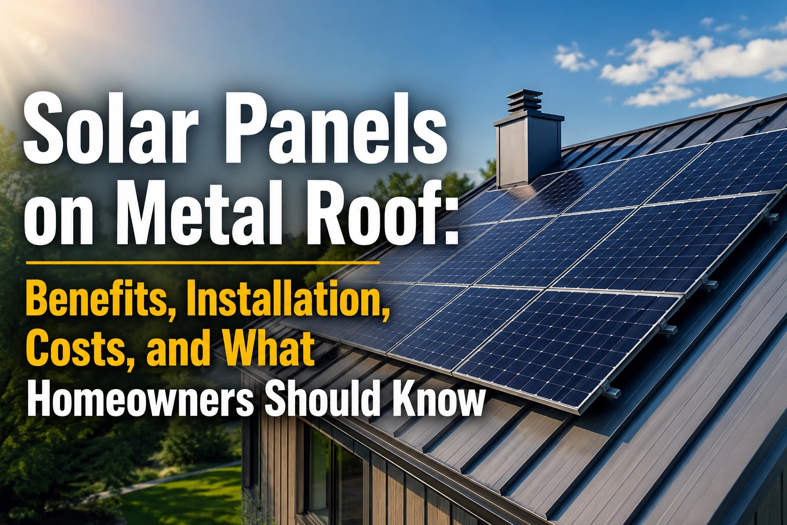 Horizontal featured image showing solar panels installed on a modern standing seam metal roof under sunlight, with overlaid text reading “Solar Panels on Metal Roof: Benefits, Installation, Costs, and What Homeowners Should Know.”