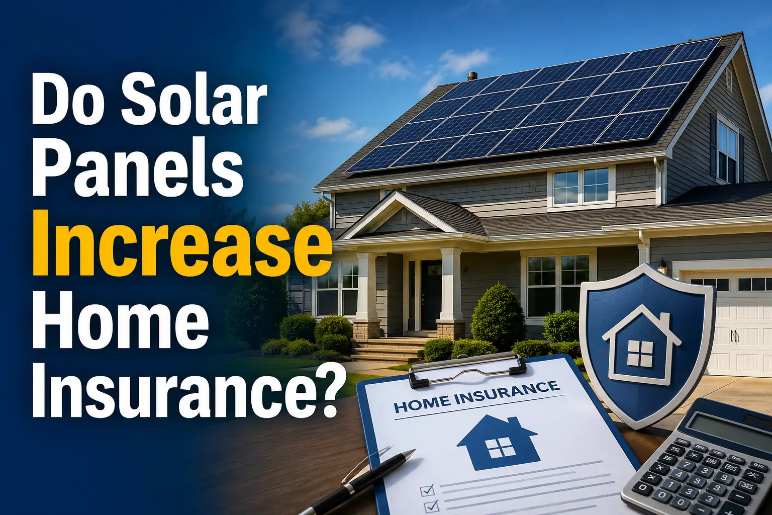 Horizontal featured image showing a modern home with rooftop solar panels and an insurance-related visual theme, with overlaid text reading “Do Solar Panels Increase Home Insurance?”