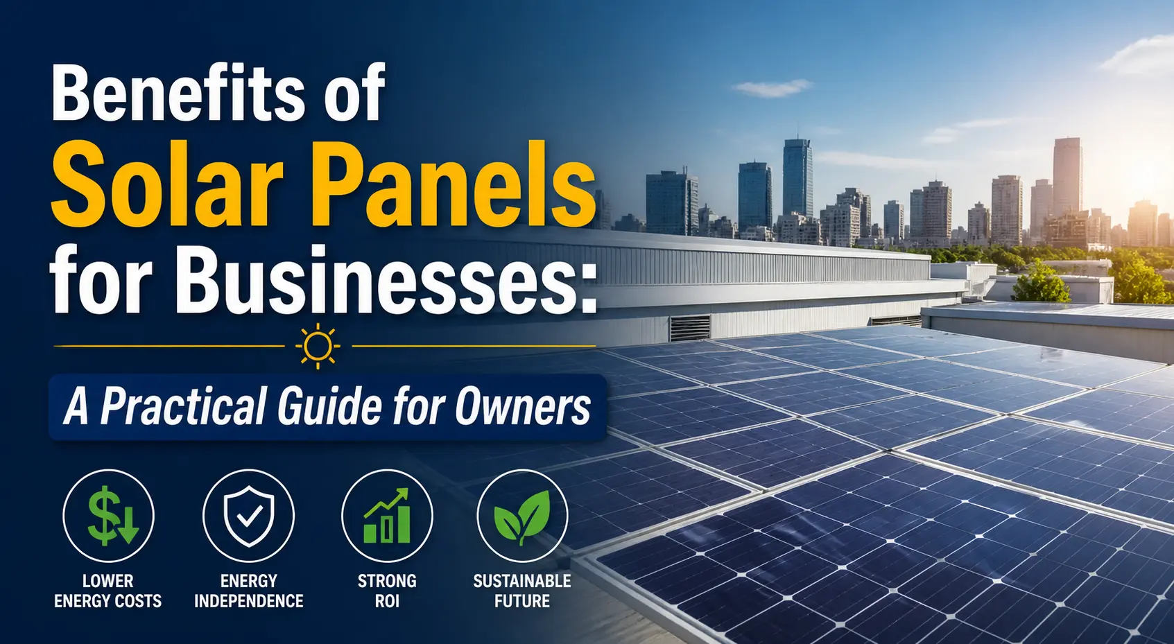 Horizontal image of a modern commercial building with rooftop solar panels under sunlight, featuring overlay text about the benefits of solar panels for businesses.