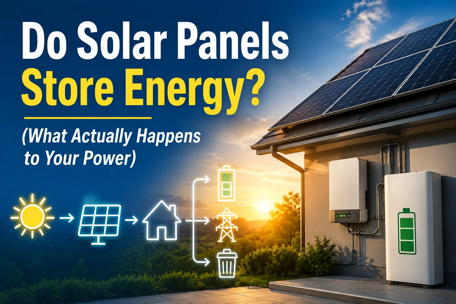 Horizontal image of a home with rooftop solar panels at sunset, showing energy flow icons from sun to panel, house, battery, and grid, with text “Do Solar Panels Store Energy? (What Actually Happens to Your Power)”.