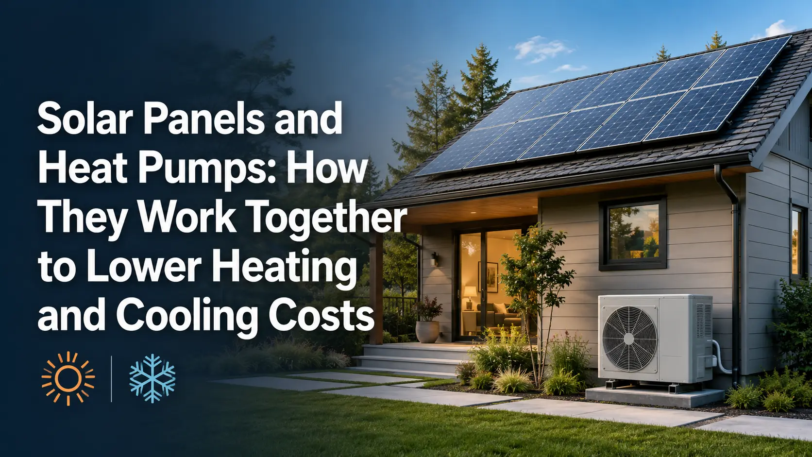 Modern home with rooftop solar panels and an outdoor heat pump unit, with text about solar panels and heat pumps lowering heating and cooling costs.