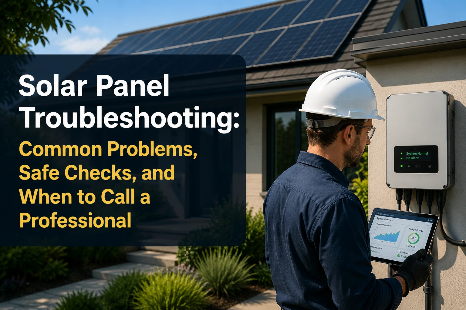 Solar technician in a white hard hat checks a wall-mounted inverter and tablet beside a home with rooftop solar panels, with the headline “Solar Panel Troubleshooting: Common Problems, Safe Checks, and When to Call a Professional.”