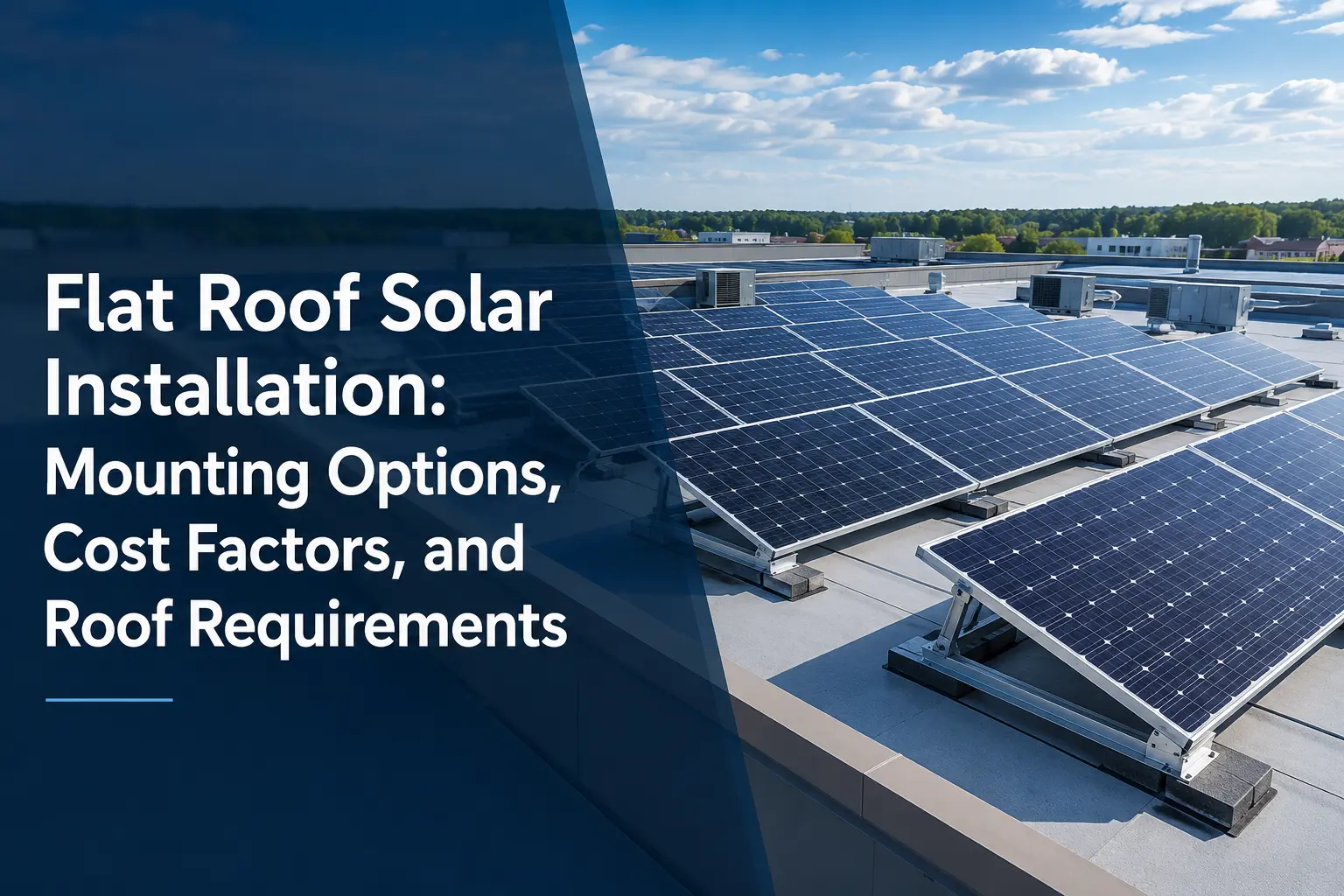 Rows of tilted solar panels mounted on a flat commercial roof with HVAC units under a blue sky, alongside the article title.