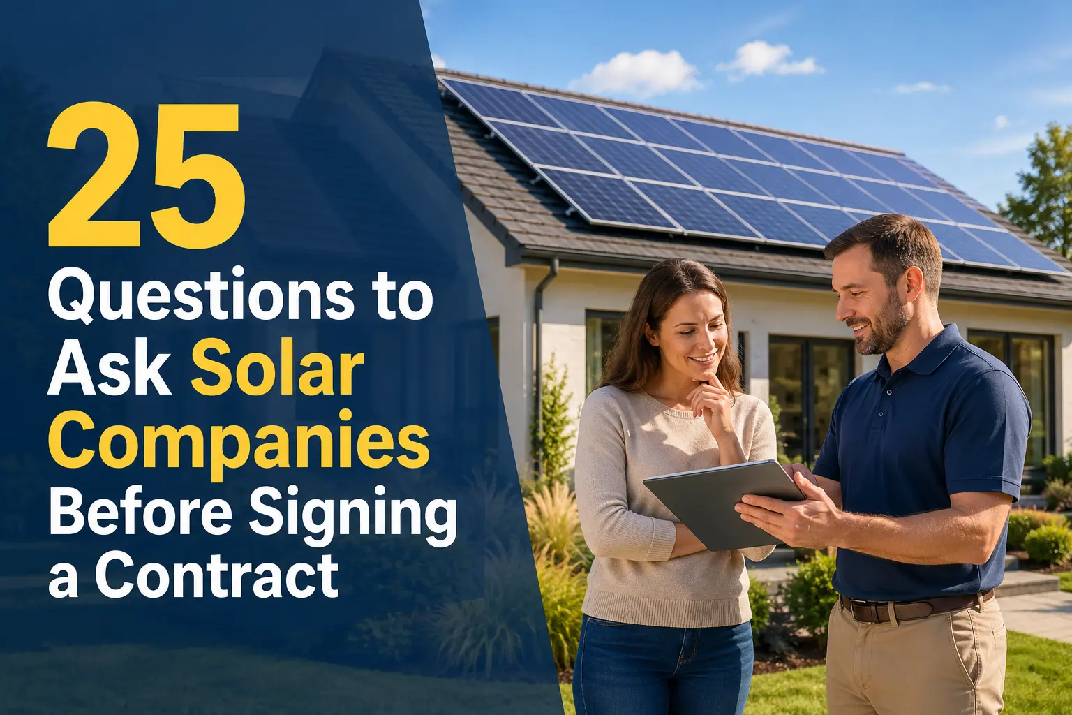 Homeowner reviews a tablet with a solar consultant in front of a house with rooftop solar panels, beside the article title, “25 Questions to Ask Solar Companies Before Signing a Contract.”