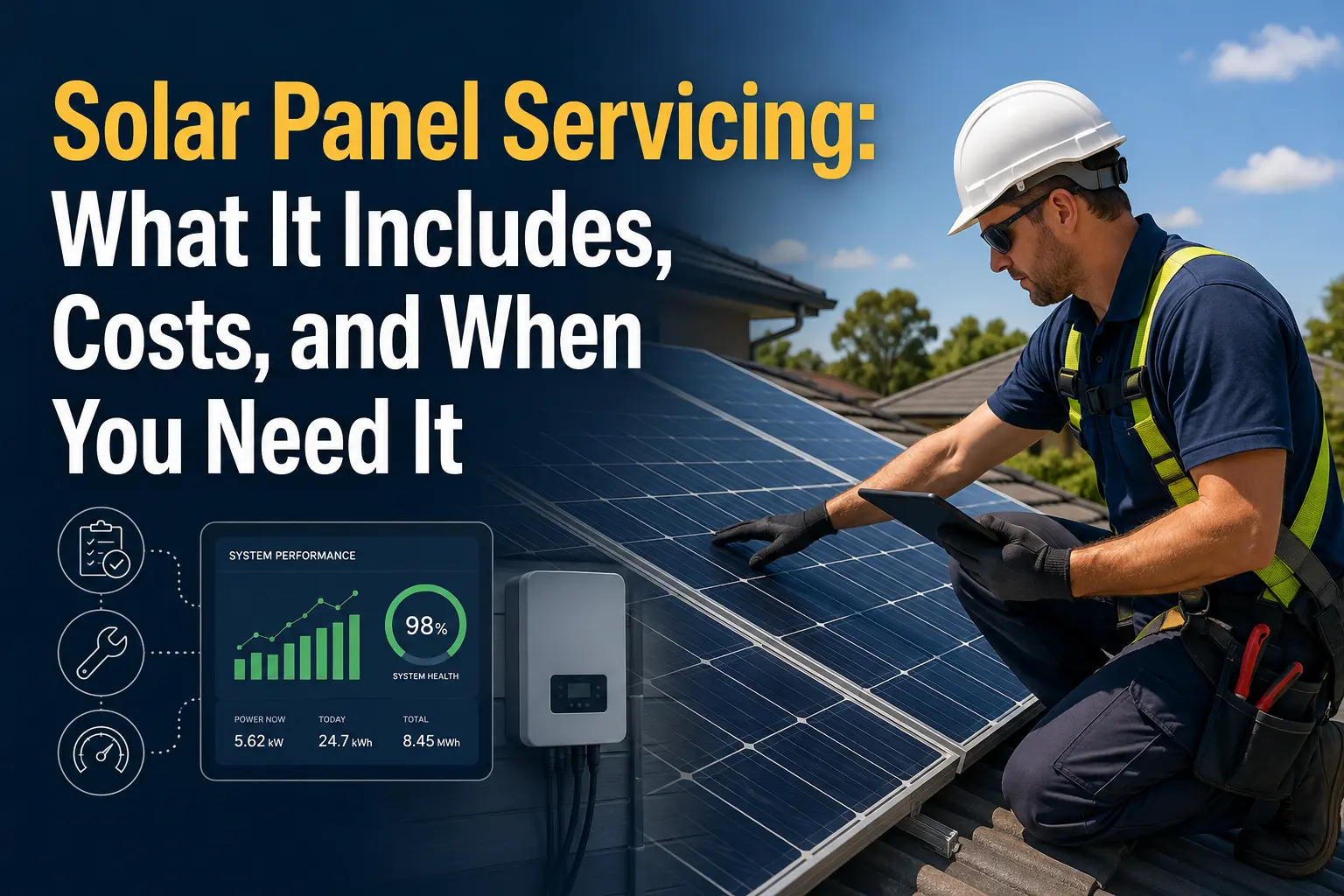 Solar technician inspecting rooftop solar panels with a tablet beside inverter and performance graphics, with text about solar panel servicing.