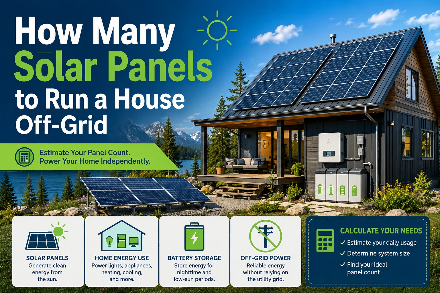 Off-grid home with rooftop and ground-mounted solar panels, battery storage, and energy system graphics, with text reading “How Many Solar Panels to Run a House Off-Grid.”