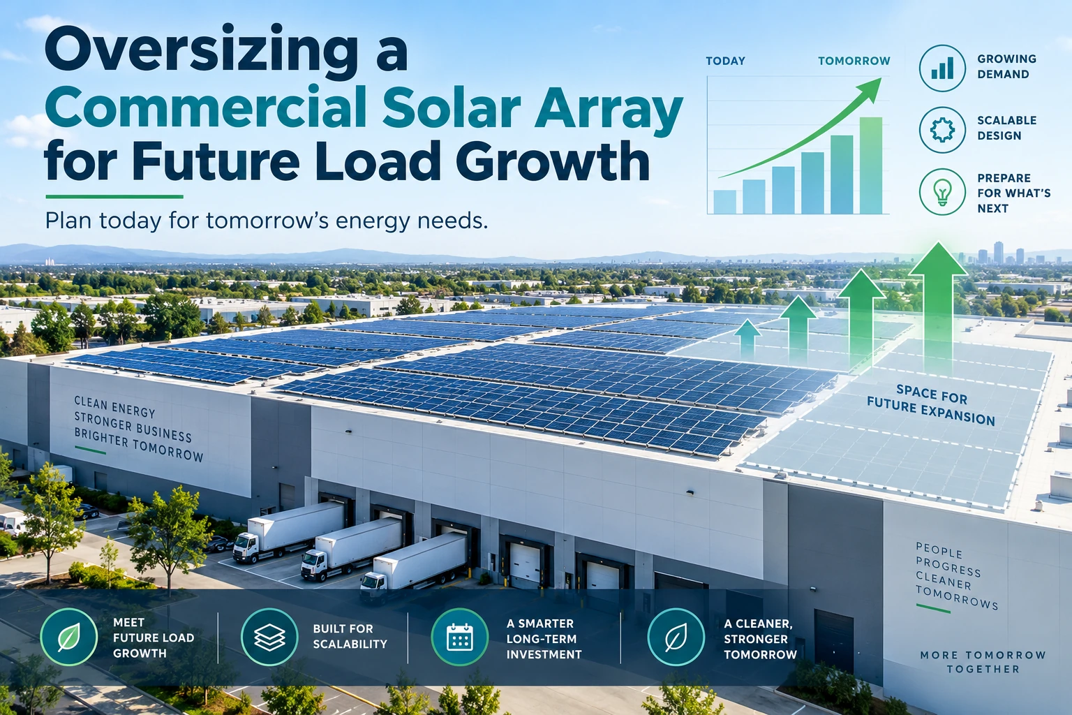 Commercial building with a large rooftop solar array, future expansion space, and growth graphics illustrating scalable energy planning, with text reading “Oversizing a Commercial Solar Array for Future Load Growth.”