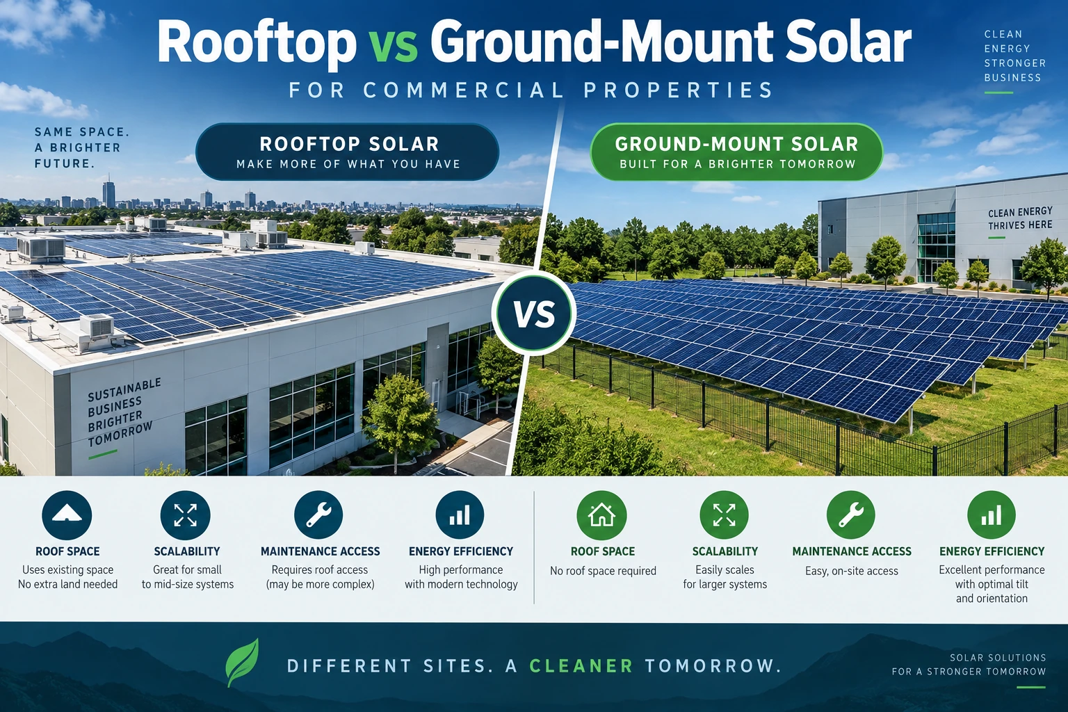 Comparison of rooftop and ground-mount solar installations for commercial properties, with panels shown on a business roof and in a ground-mounted array.