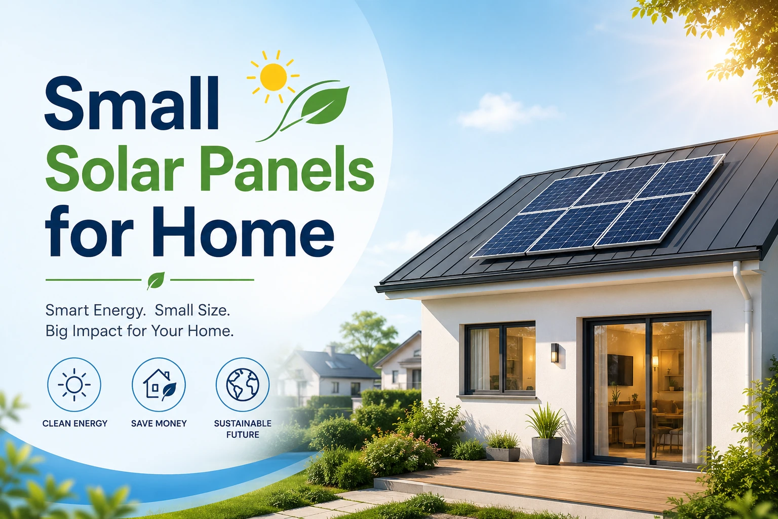 Small solar panel system installed on the roof of a modern home, with sunlight and clean energy graphics alongside text reading “Small Solar Panels for Home.”