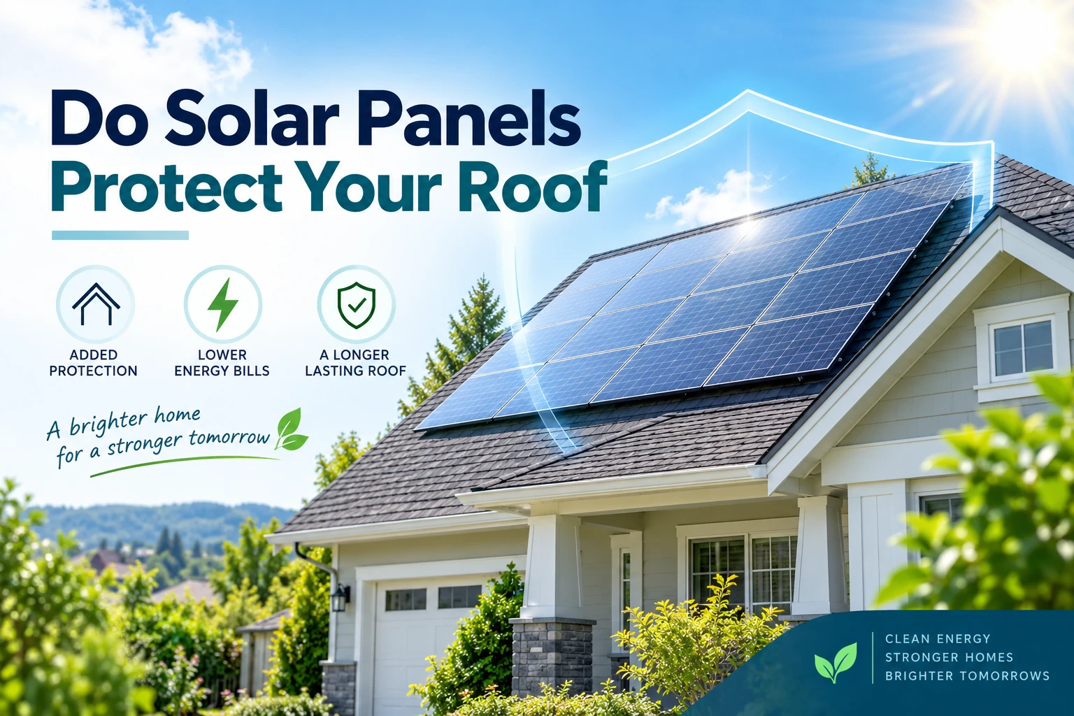 Solar panels installed on a residential roof under bright sunlight, with protection and energy icons beside text reading “Do Solar Panels Protect Your Roof?”