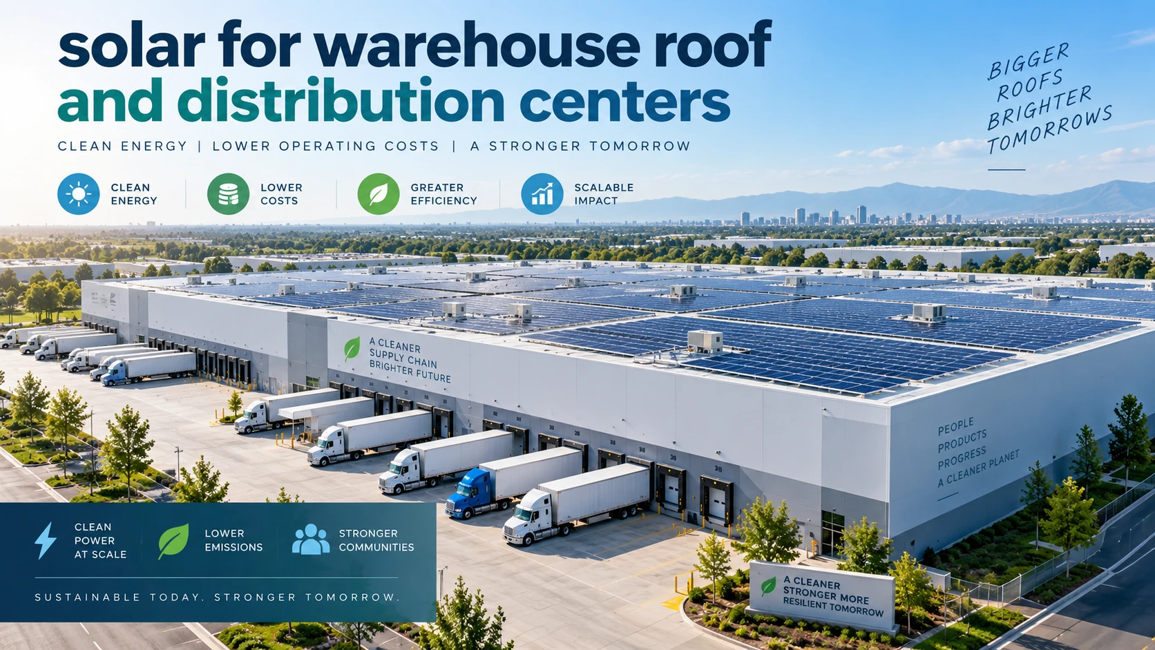 Large warehouse and distribution center with rooftop solar panels, loading docks, and delivery trucks, with text reading “Solar for Warehouse Roof and Distribution Centers.”