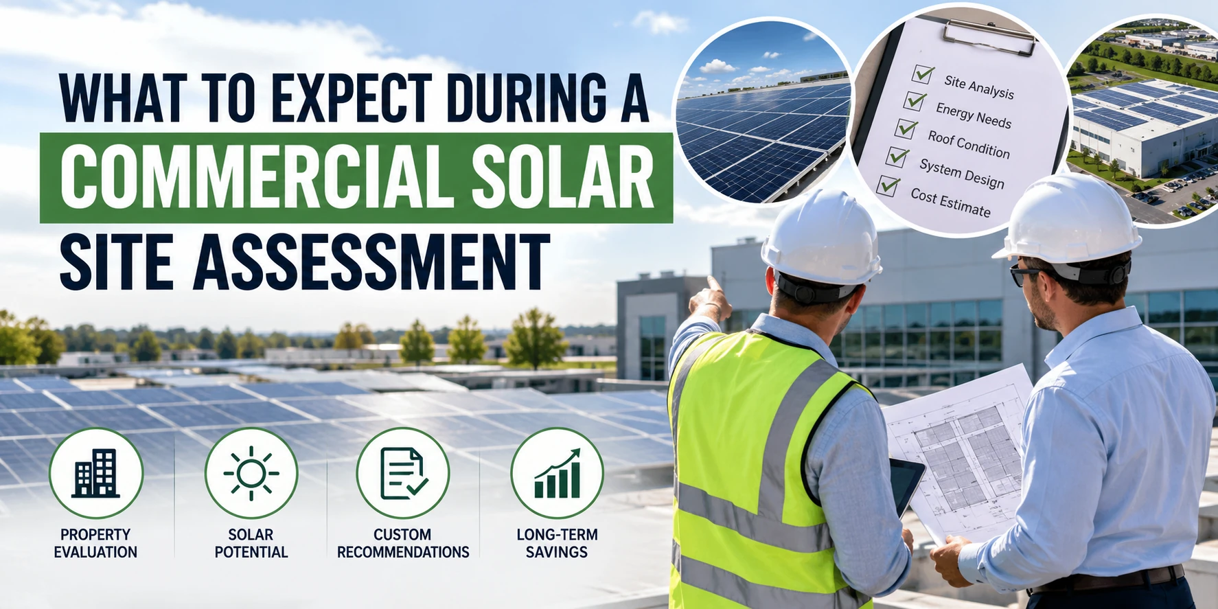 Commercial solar professionals reviewing rooftop plans during a site assessment, alongside solar panels, a property checklist, and evaluation graphics, with text reading “What to Expect During a Commercial Solar Site Assessment.”