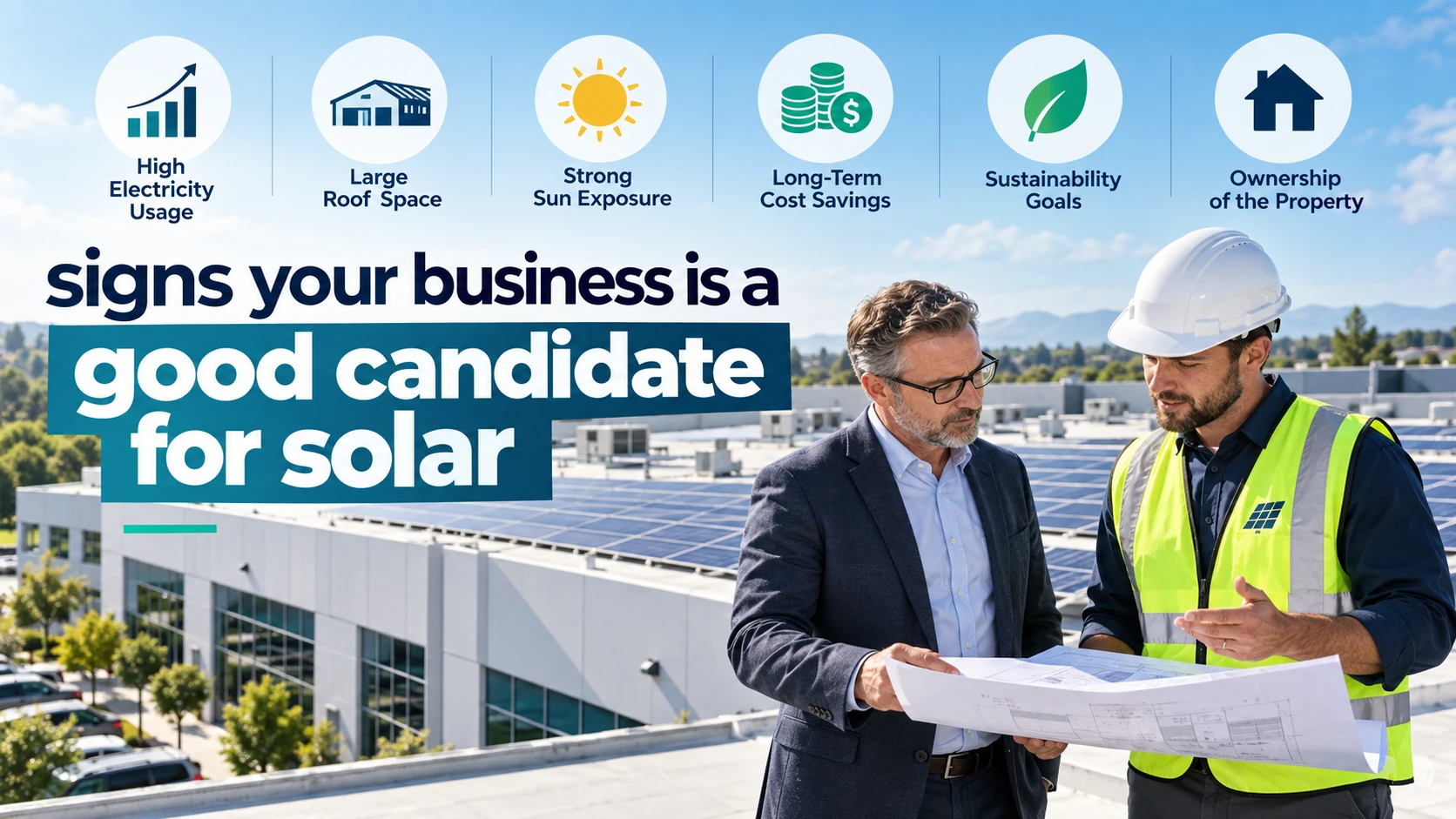 Business owner and solar professional reviewing rooftop plans beside a commercial building with solar panels, with icons for electricity use, roof space, sun exposure, cost savings, sustainability, and property ownership, and text reading “Signs Your Business Is a Good Candidate for Solar.”
