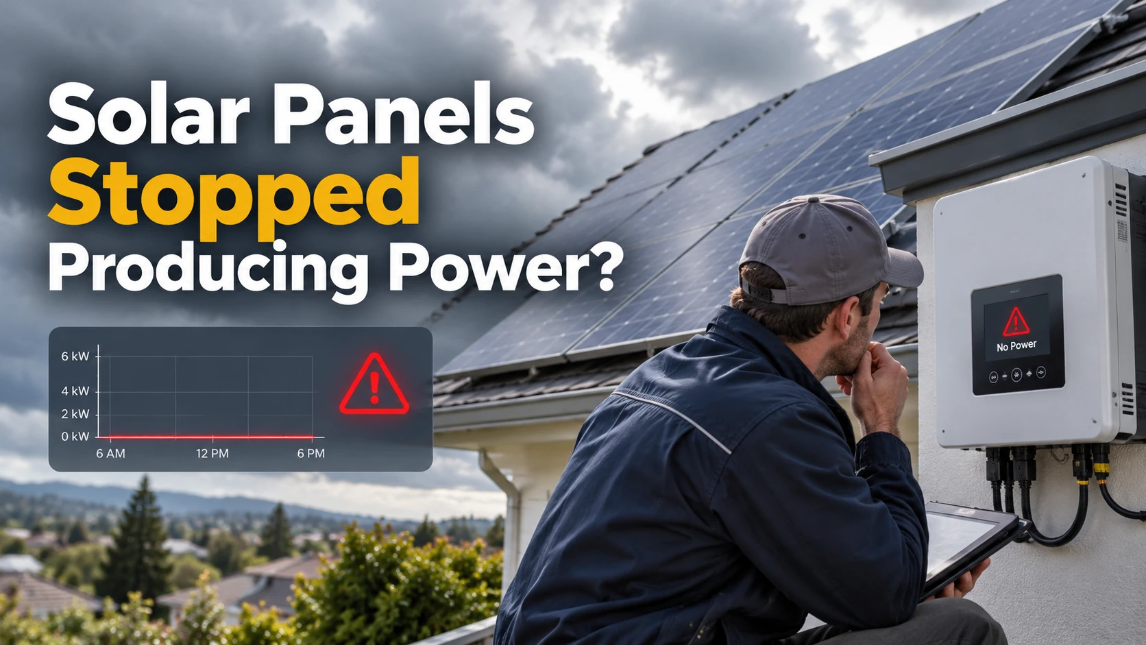 Solar technician inspecting a rooftop solar system and inverter showing a no-power warning, with a production graph at zero and text reading “Solar Panels Stopped Producing Power?”