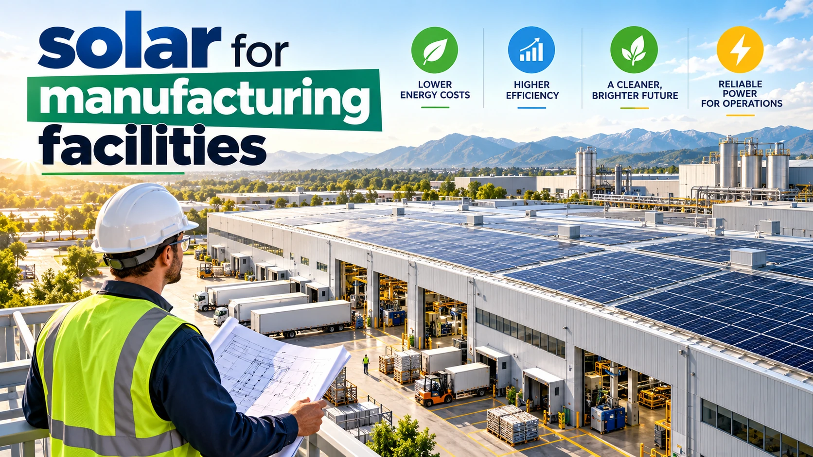 Manufacturing facility with a large rooftop solar array and a commercial solar professional reviewing system plans, with icons for lower energy costs, efficiency, sustainability, and reliable power, and text reading “Solar for Manufacturing Facilities.”